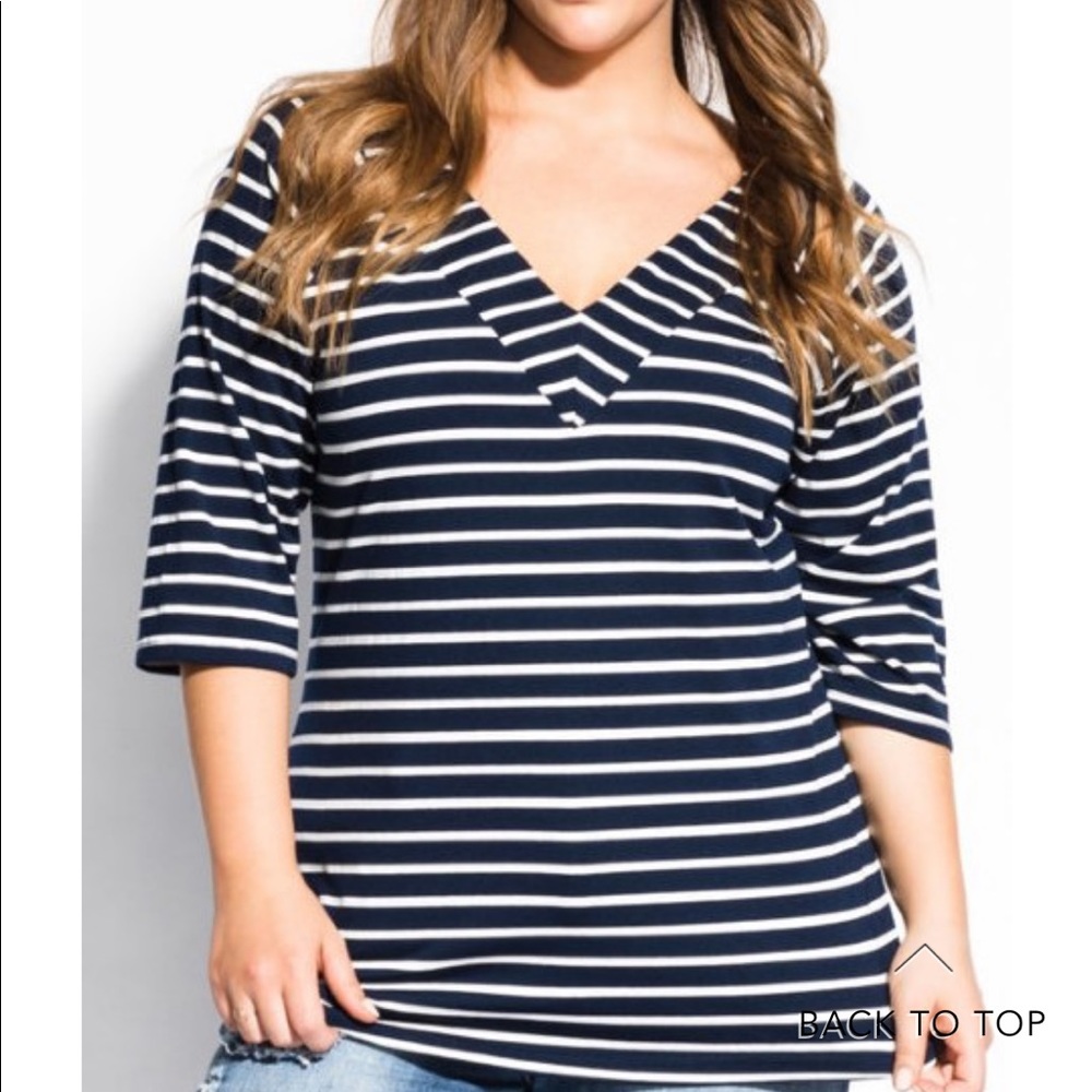 City Chic Bardot Stripe Top V Neck 18/M navy